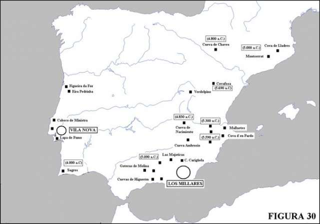 En la figura 30, estraída de “Sumerios en Andalucía” se indican los yacimientos neolíticos más antiguos de la Península Ibérica. Nótese cómo los sitios más antiguos no están en la región pirenaica sino en las costas levantinas. Al mismo tiempo se incluyen los dos focos metalúrgicos surgidos “independientes a los de oriente”.