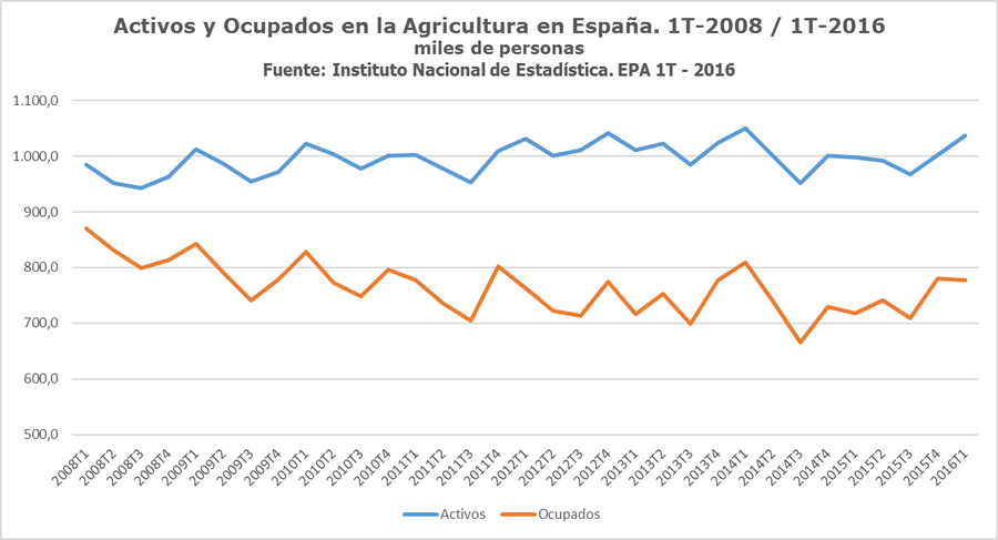 Activos y Ocupados en la Agricultura en España 2008 -2016