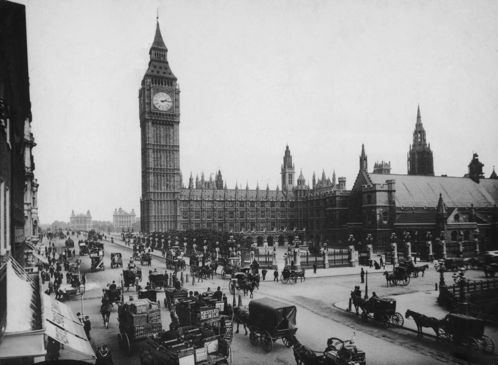 The Houses of Parliament and Big Ben seen from Parliament Square, London, circa 1897. (Photo by London Stereoscopic Company/Hulton Archive/Getty Images)